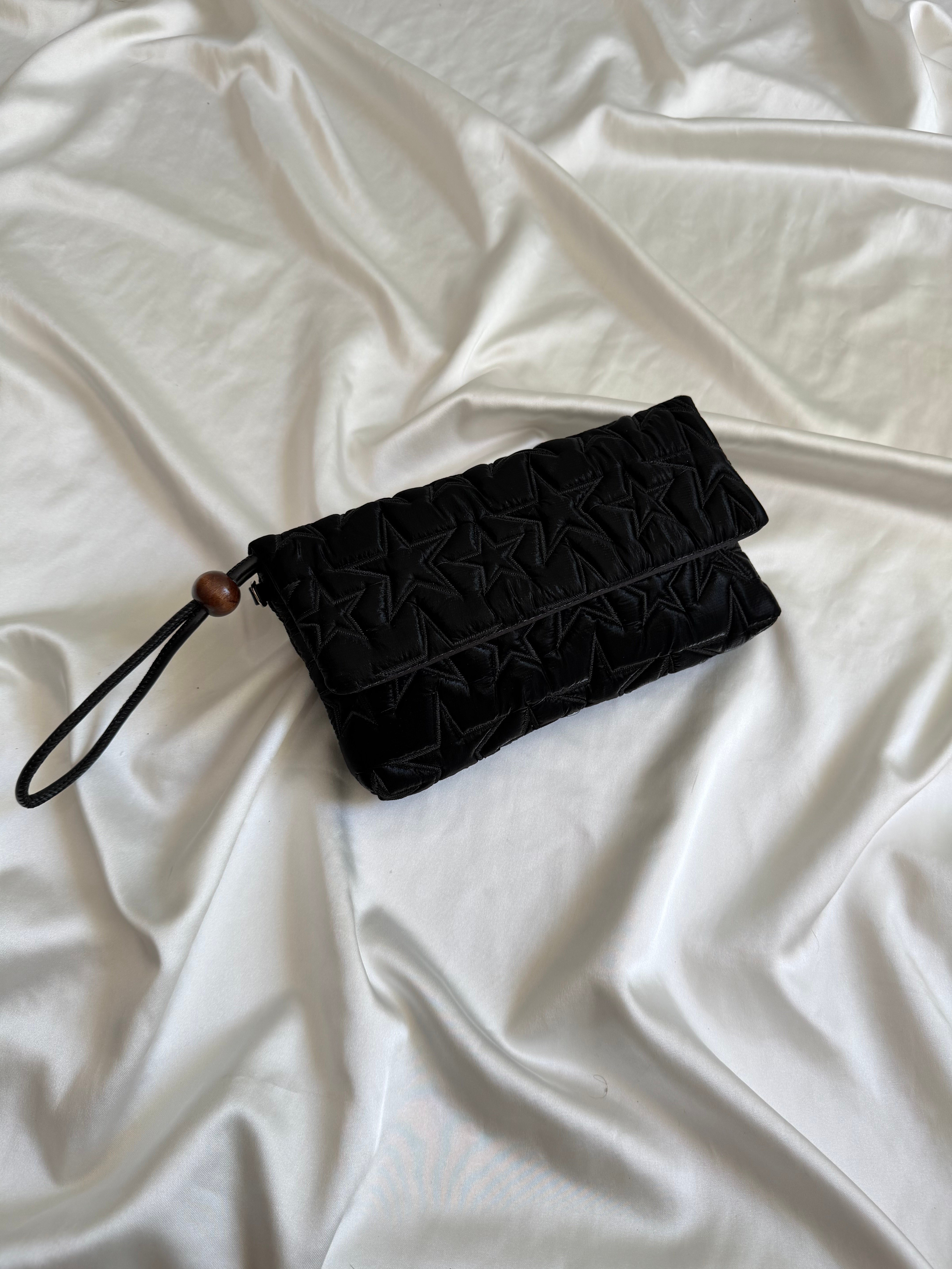 Star Kapaklı Model Clutch Çanta , Portföy Çanta , El Çantası  Kumaş Siyah