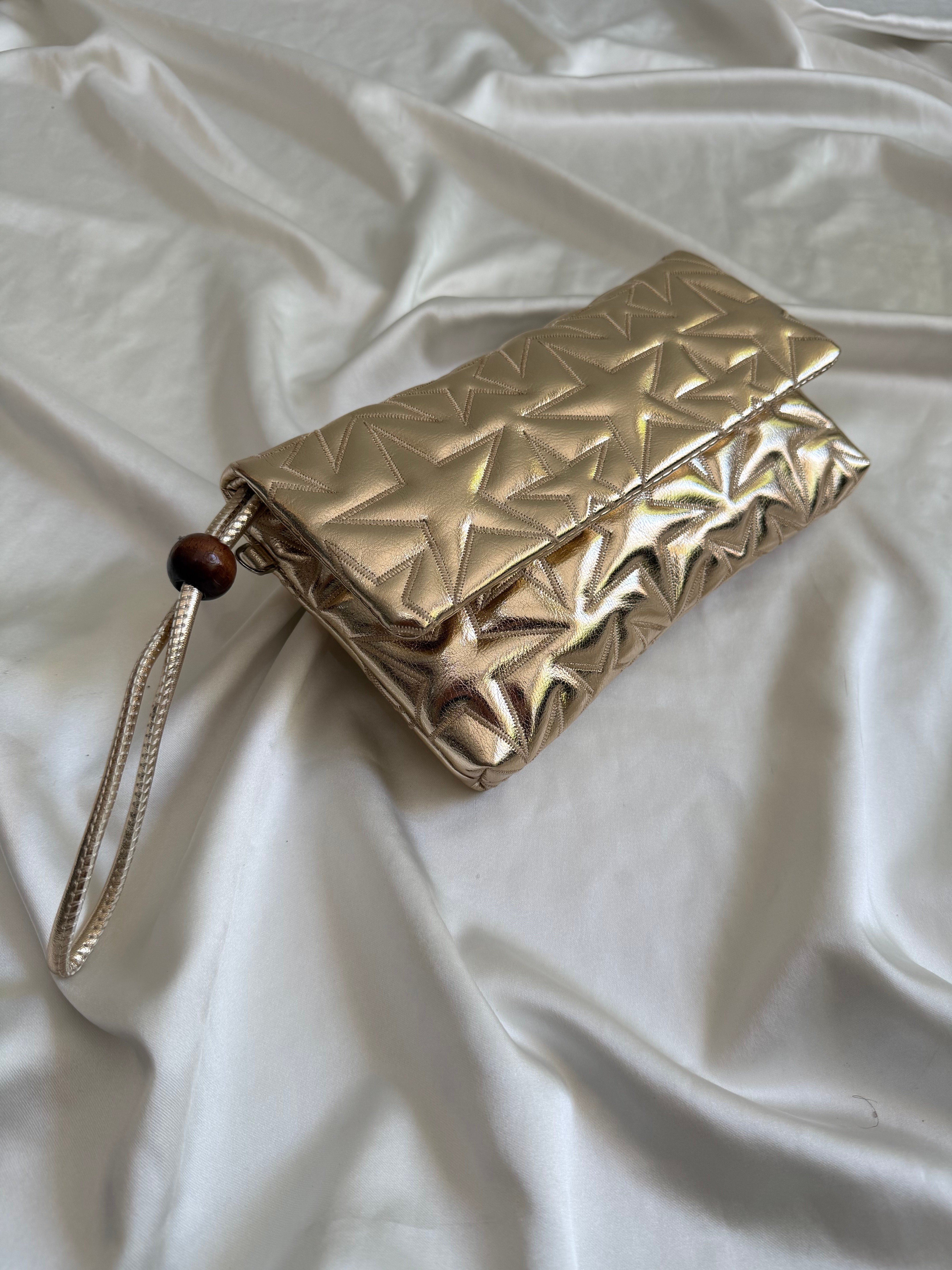 Star Kapaklı Model Clutch Çanta , Portföy Çanta , El Çantası  Gold