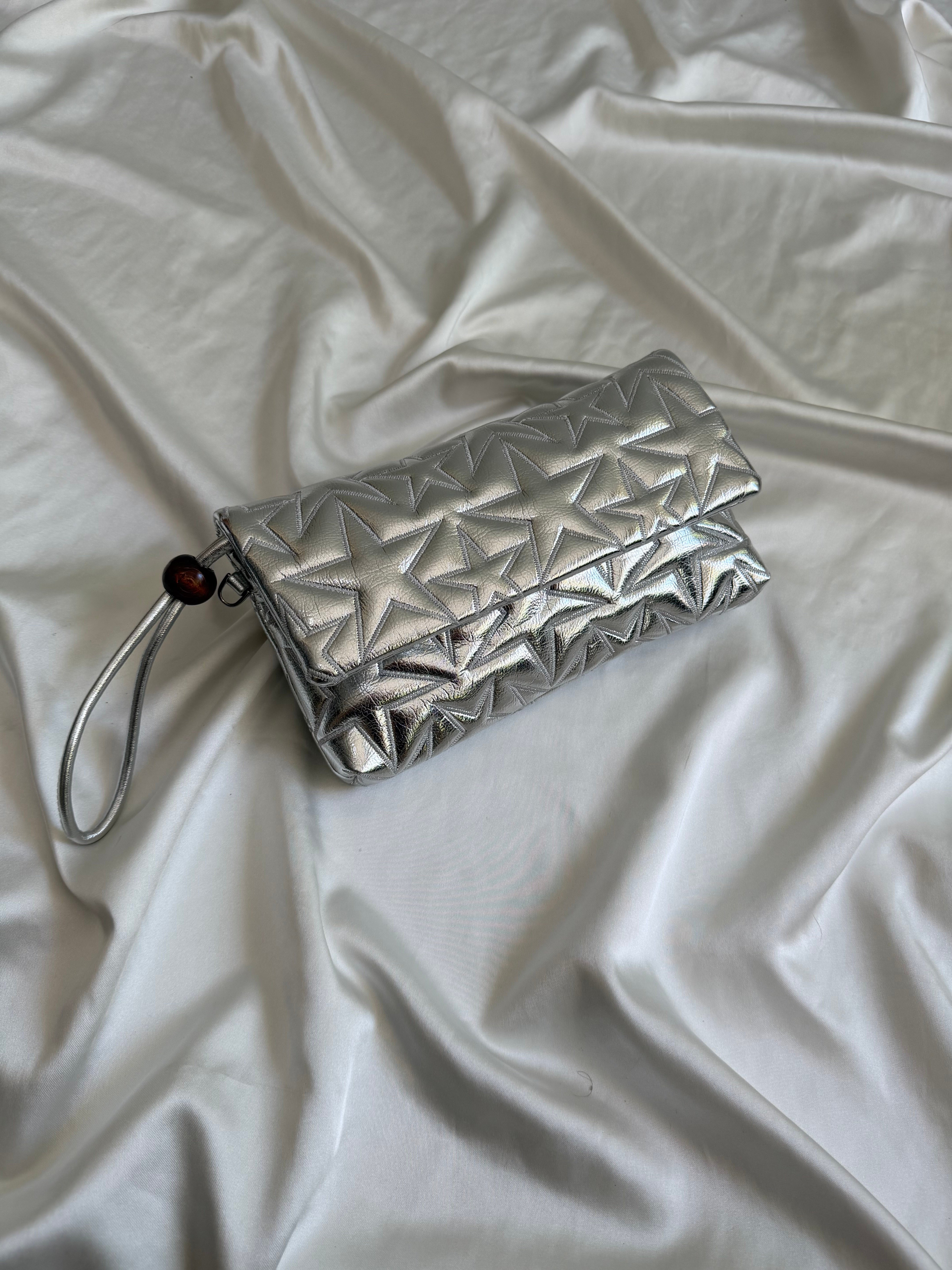 Star Kapaklı Model Clutch Çanta , Portföy Çanta , El Çantası  Gümüş