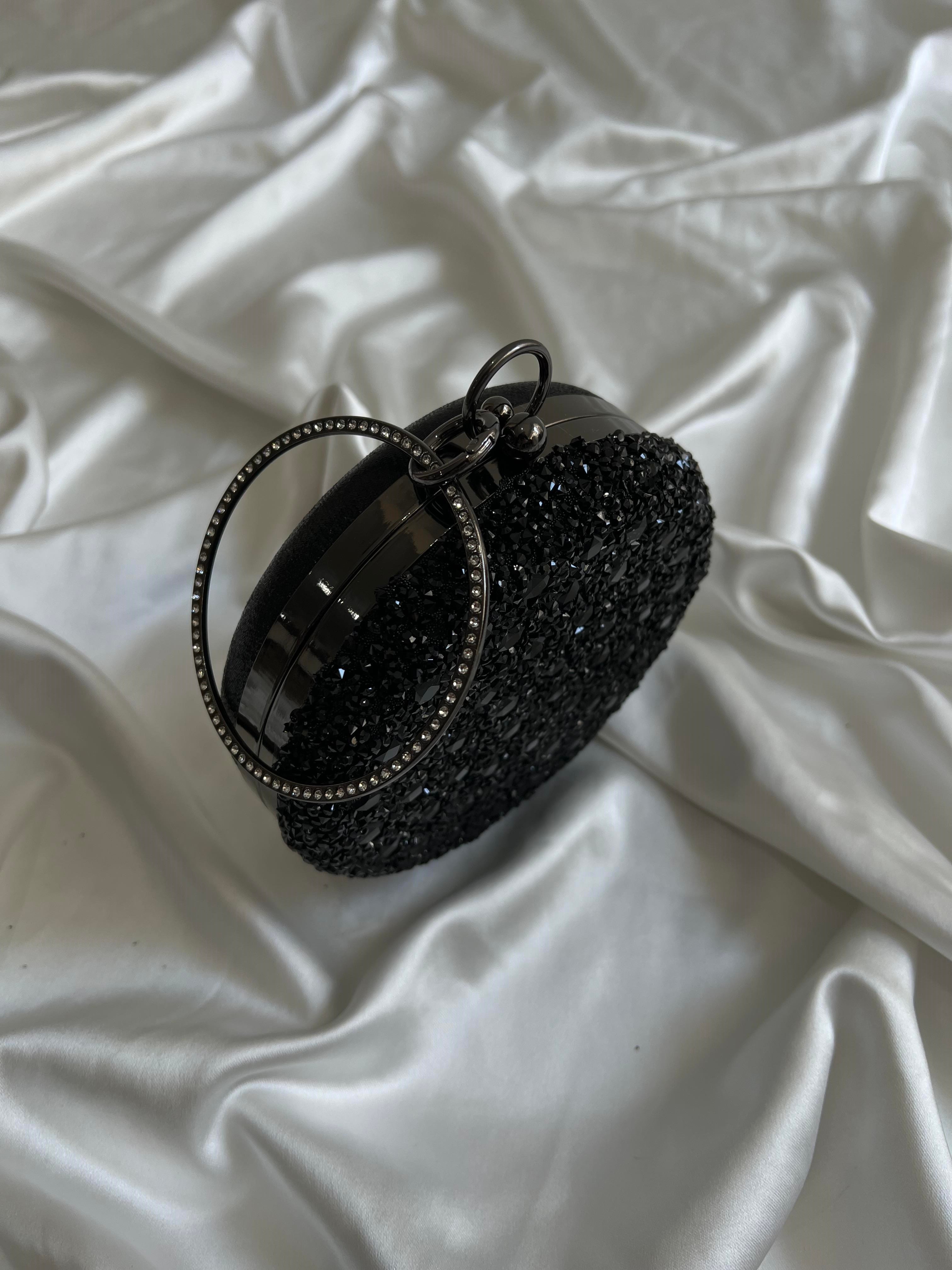 Taşlı Silindir Model Düğün Nişan Abiye Çanta Siyah