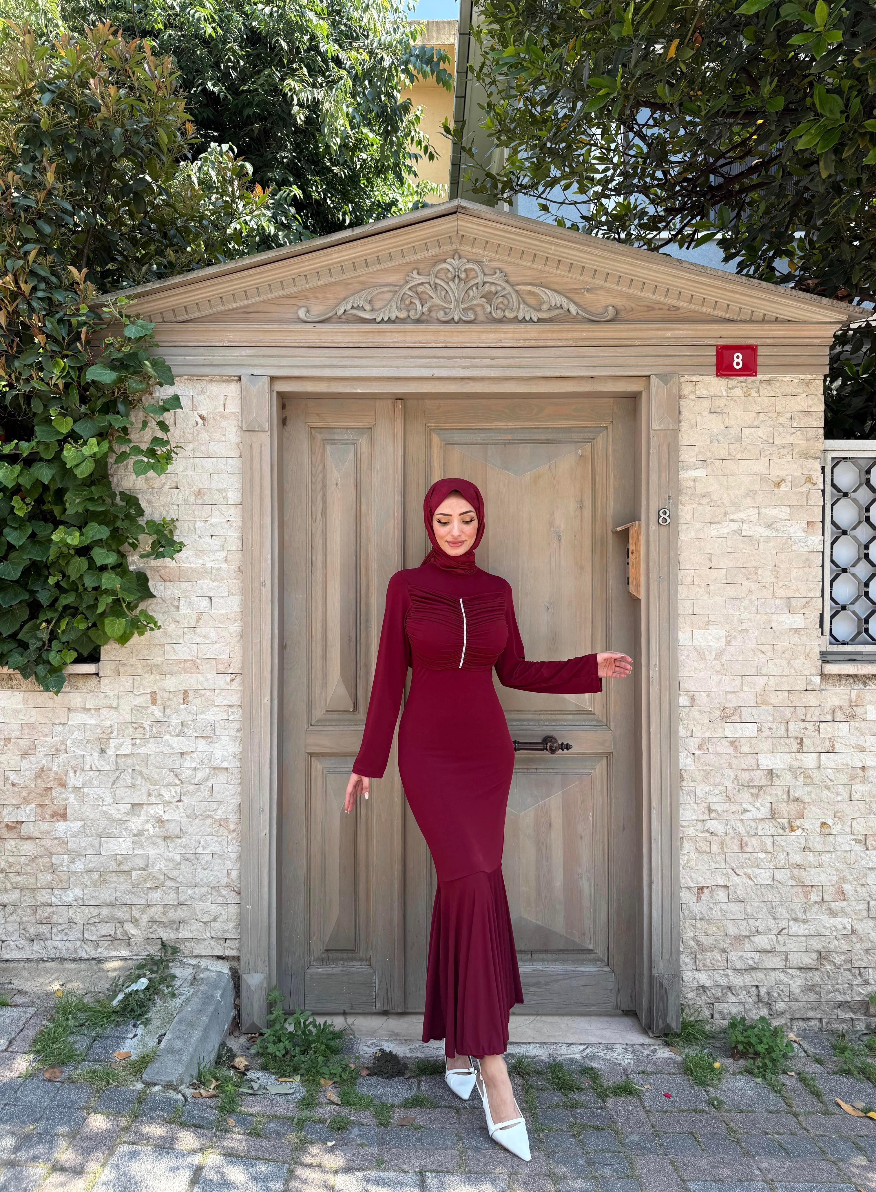 Erva Taşlı Elbise Bordo