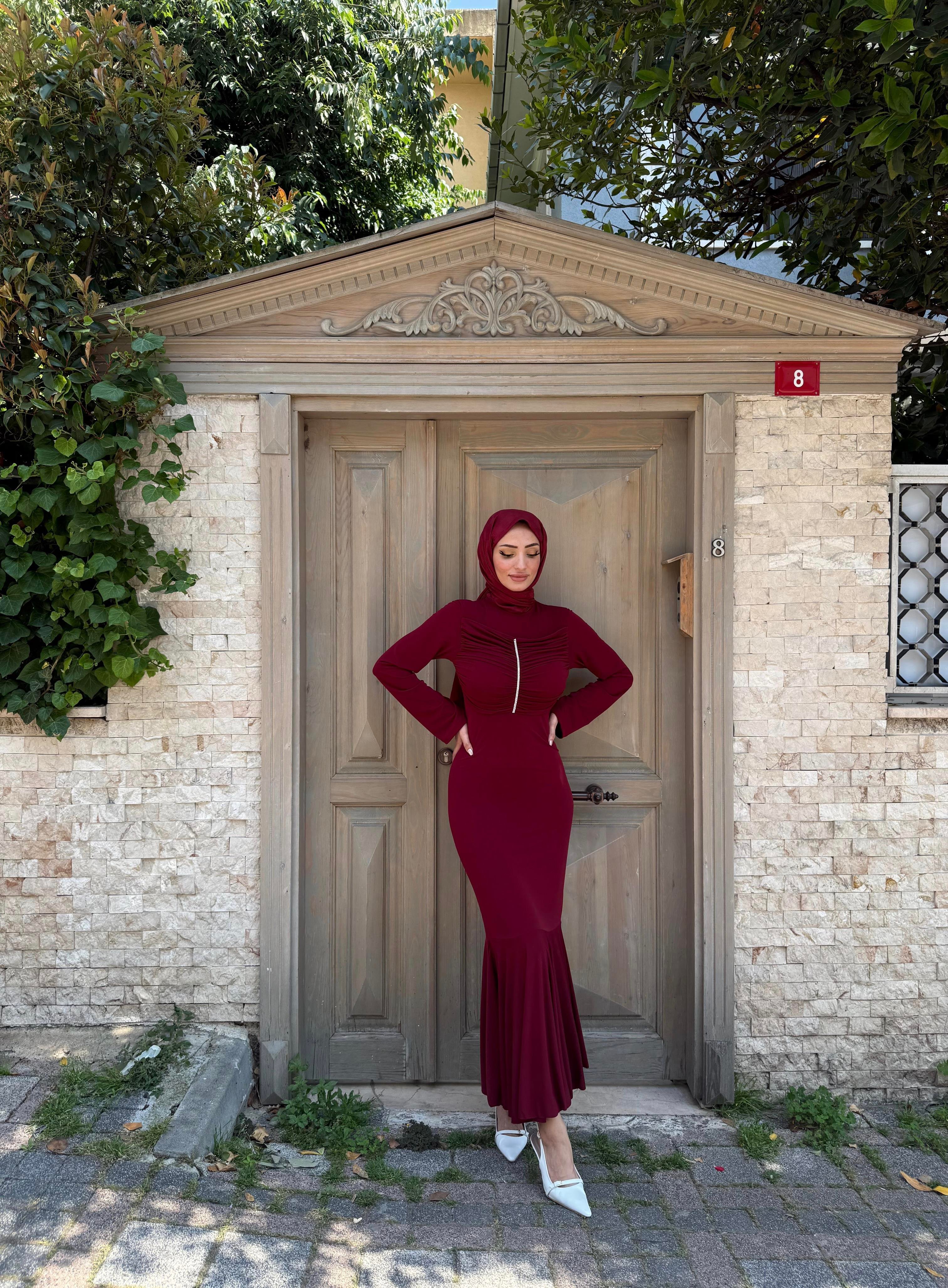 Erva Taşlı Elbise Bordo