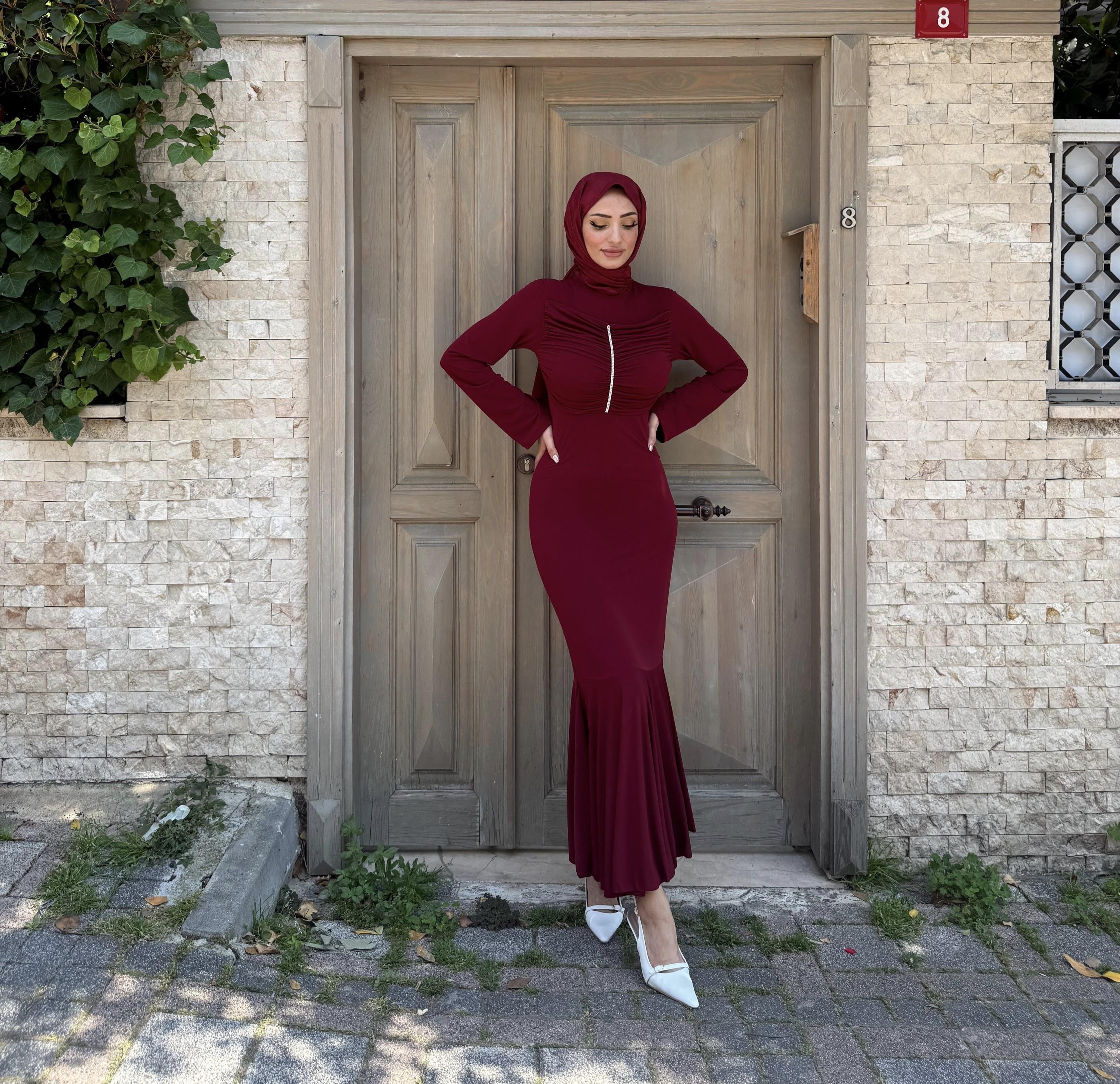 Erva Taşlı Elbise Bordo