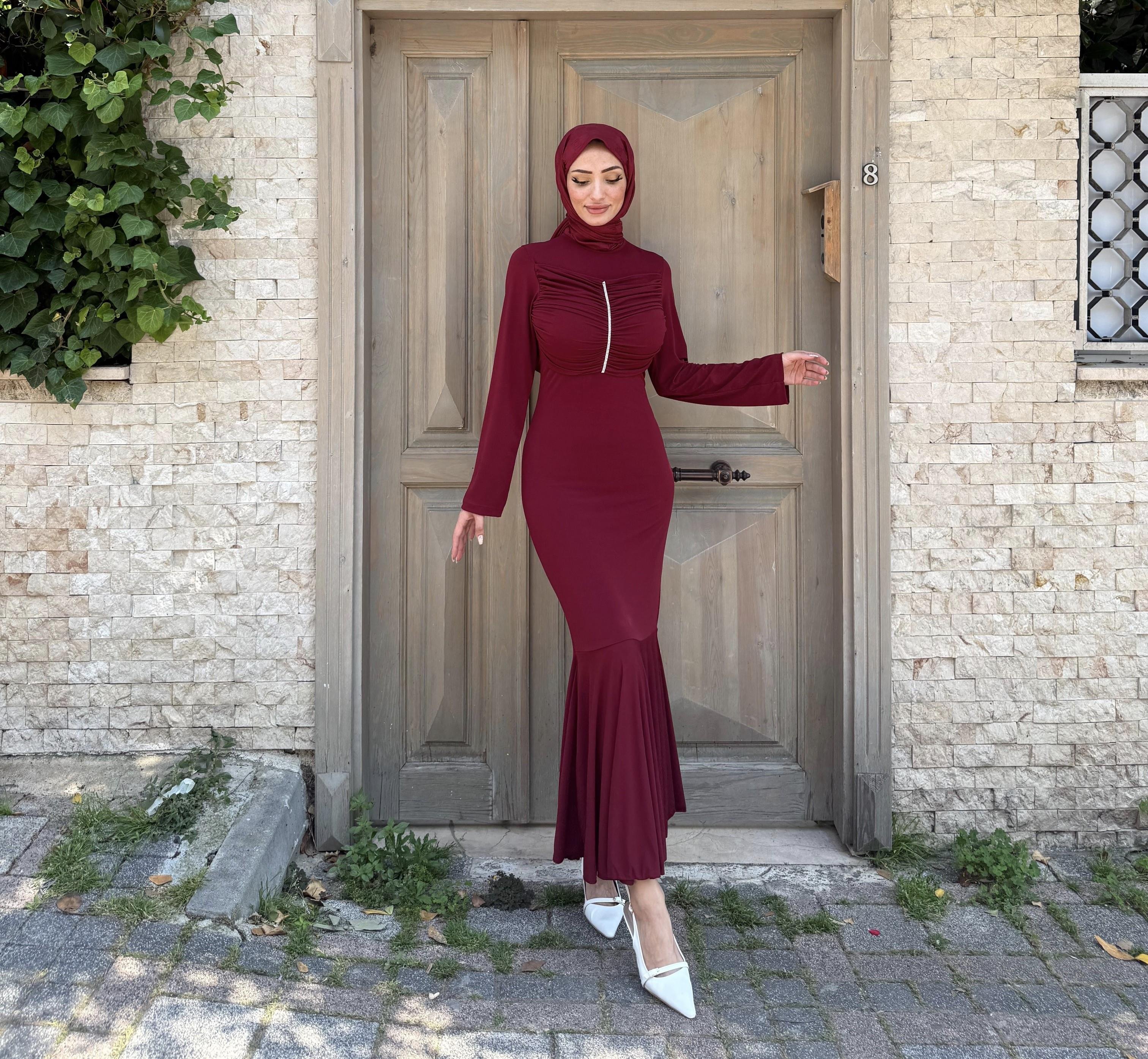 Erva Taşlı Elbise Bordo