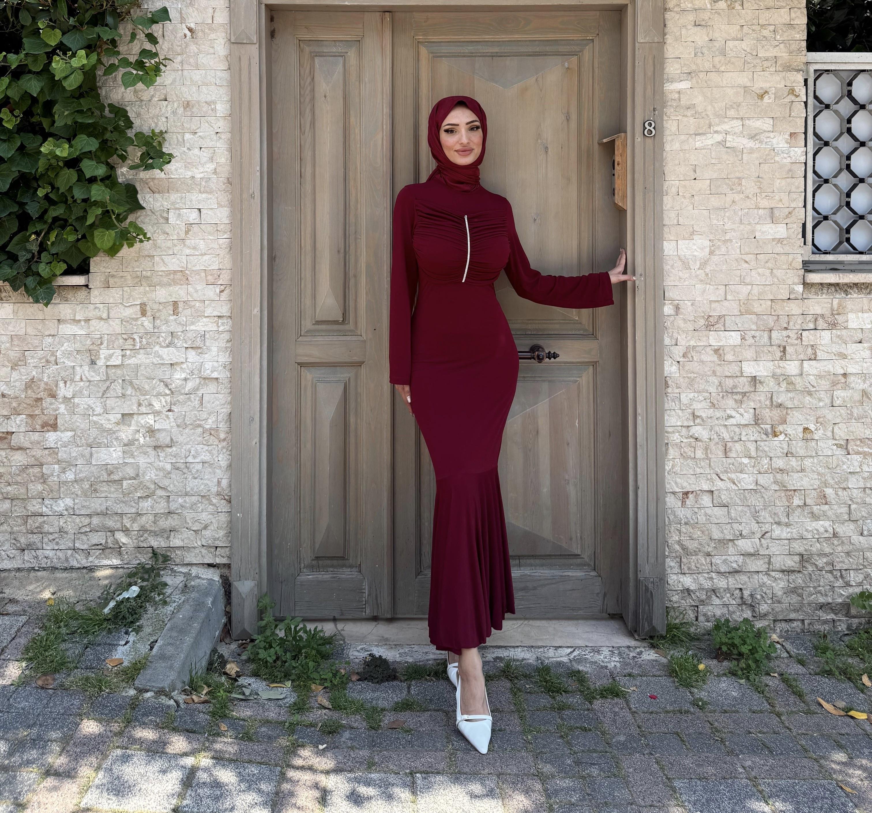 Erva Taşlı Elbise Bordo