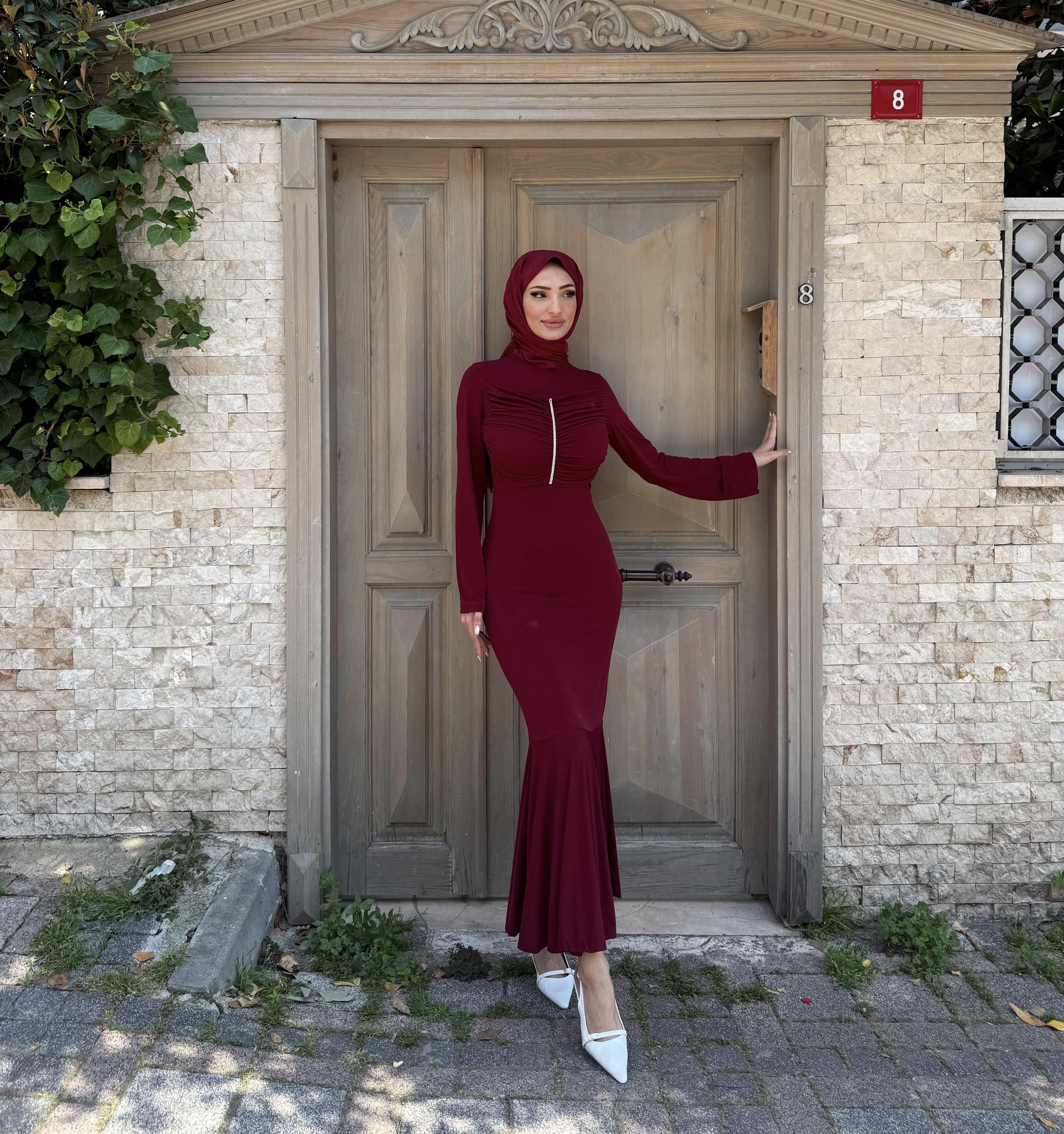 Erva Taşlı Elbise Bordo