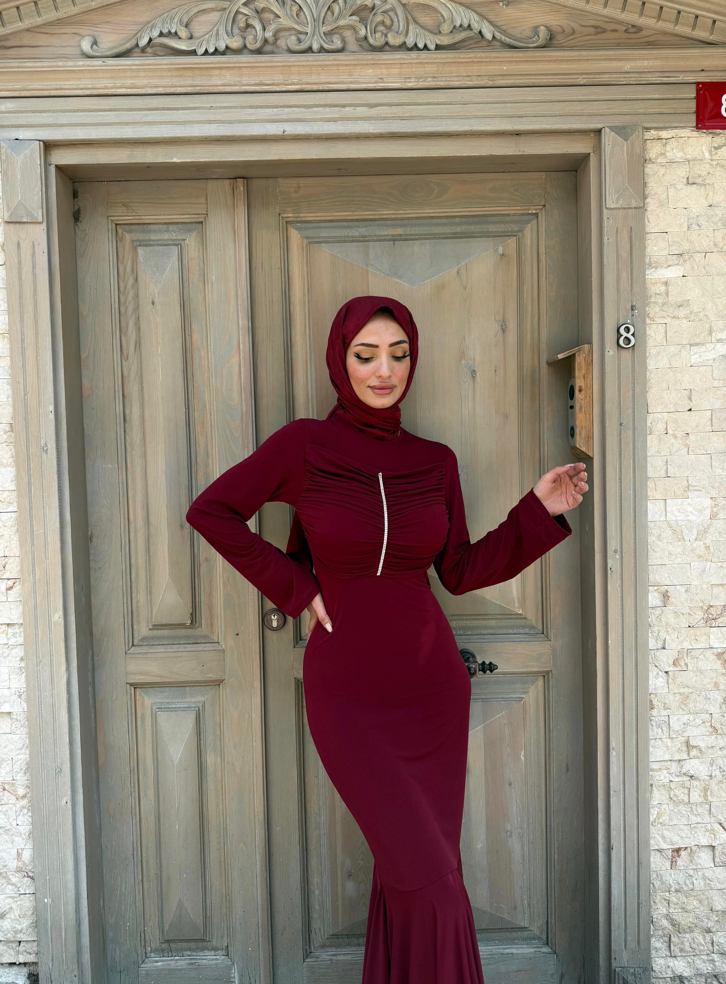 Erva Taşlı Elbise Bordo