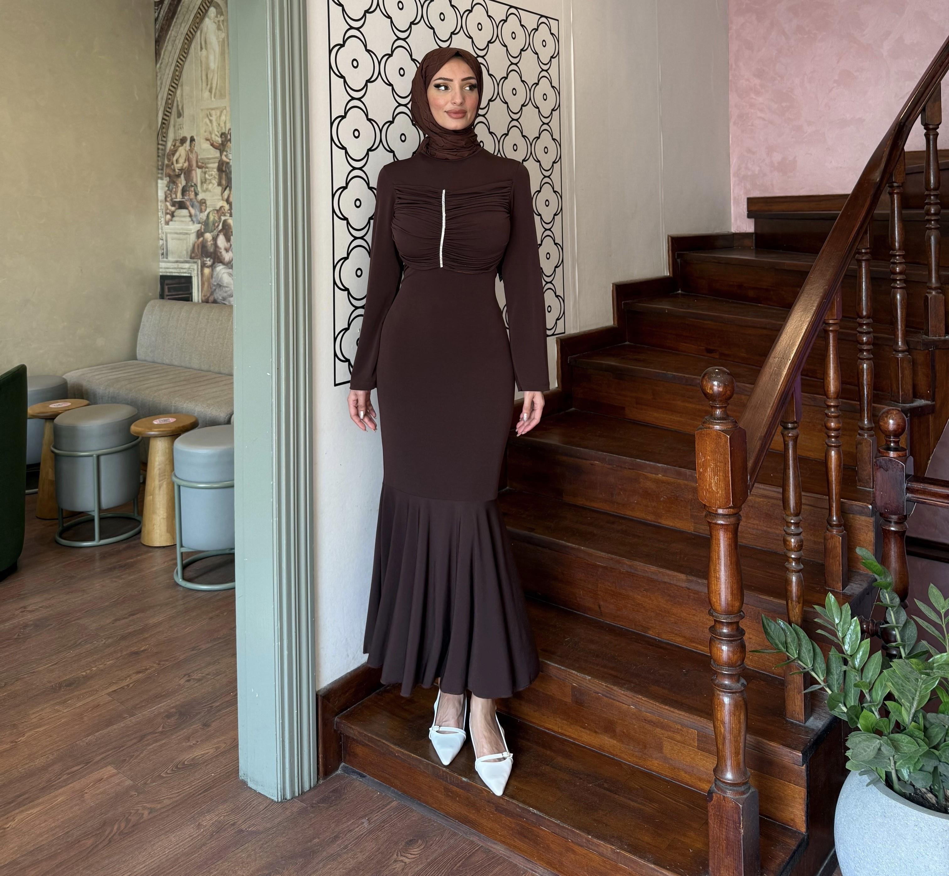 Erva Taşlı Elbise Kahve