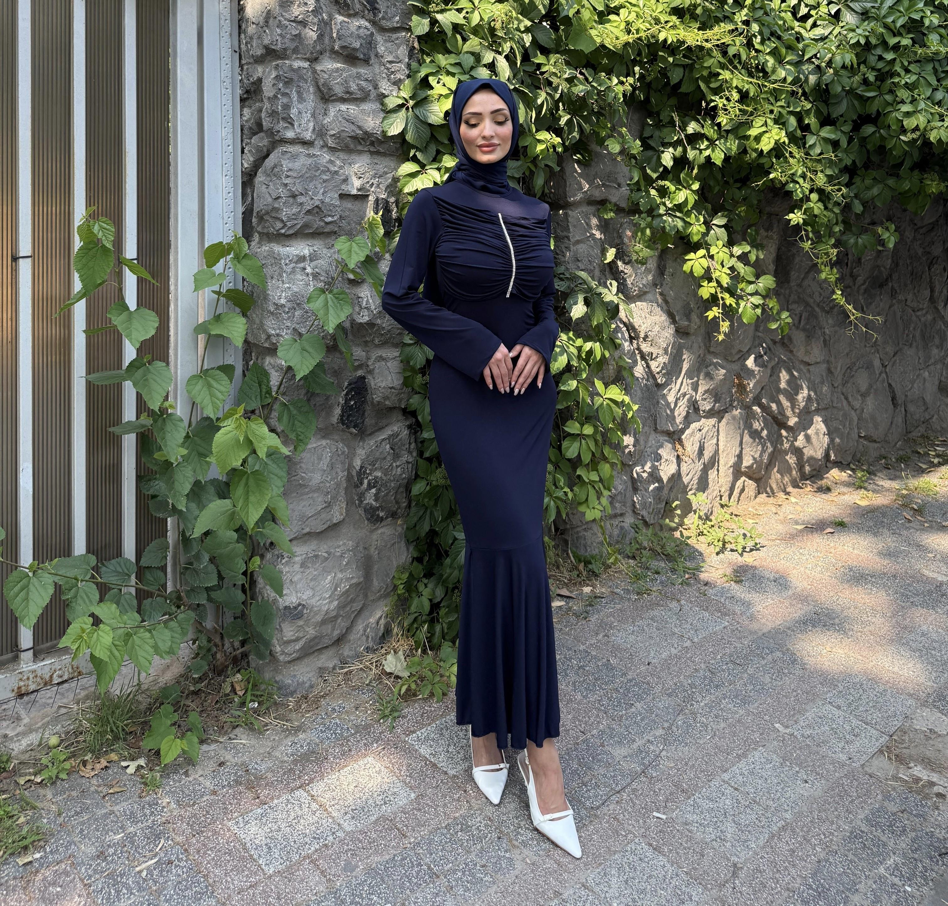 Erva Taşlı Elbise Lacivert