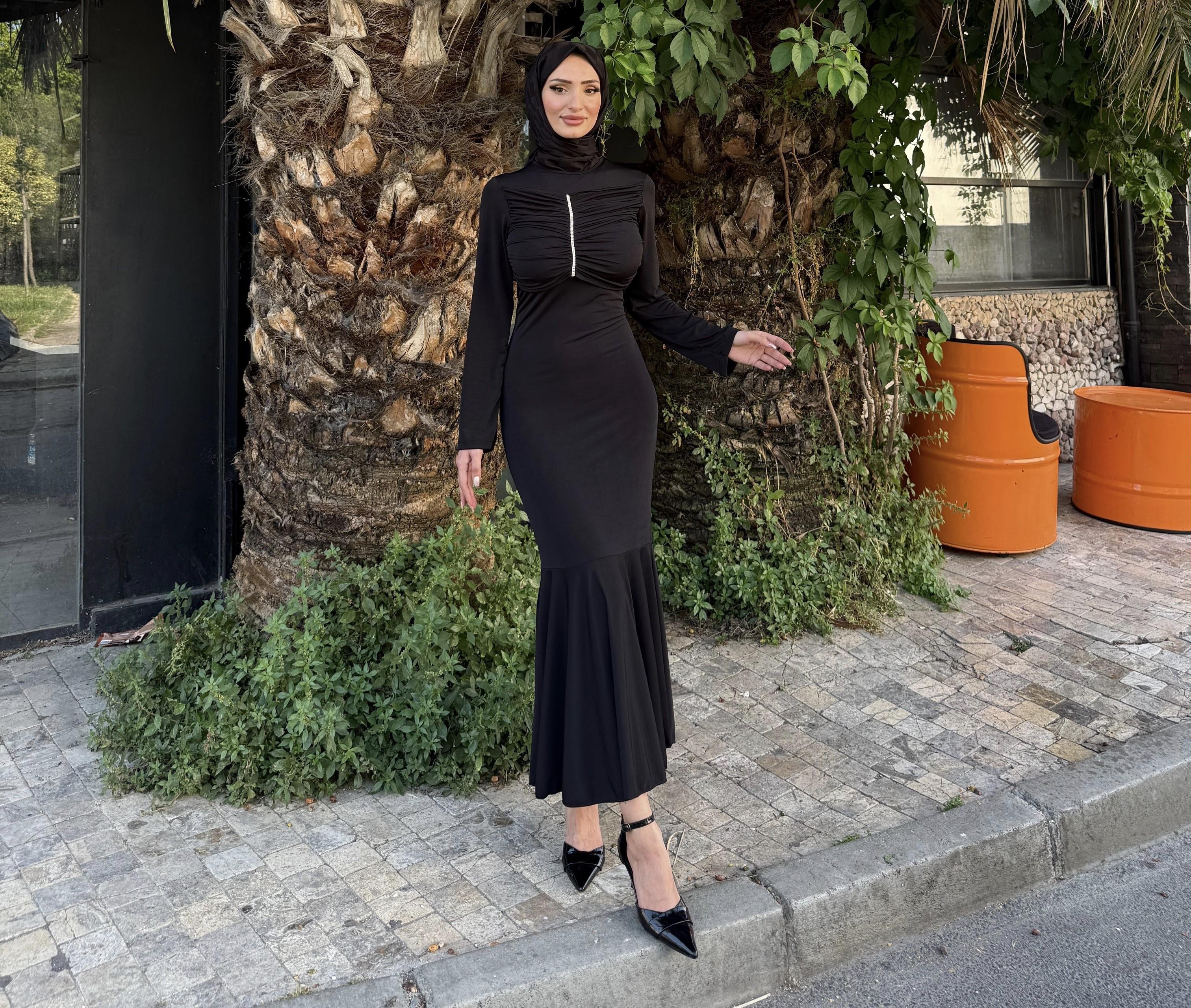 Erva Taşlı Elbise Siyah