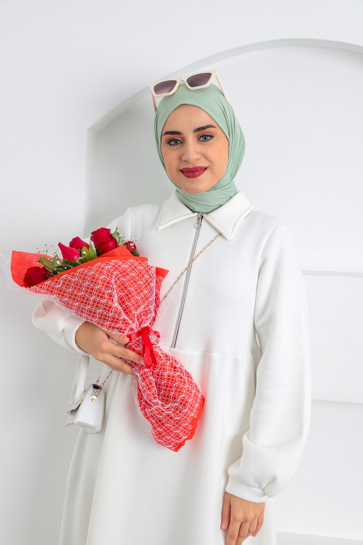 Luma Üç İplik Fermuarlı Elbise Beyaz