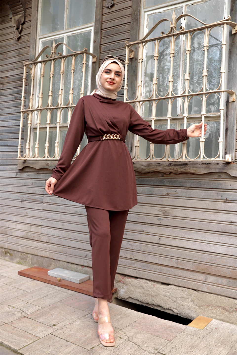 Mina Pantolonlu Tesettür Takım Kahve