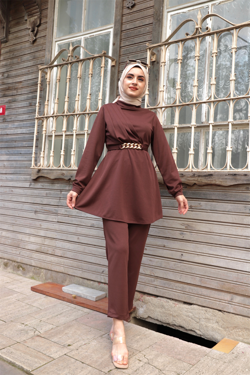 Mina Pantolonlu Tesettür Takım Kahve