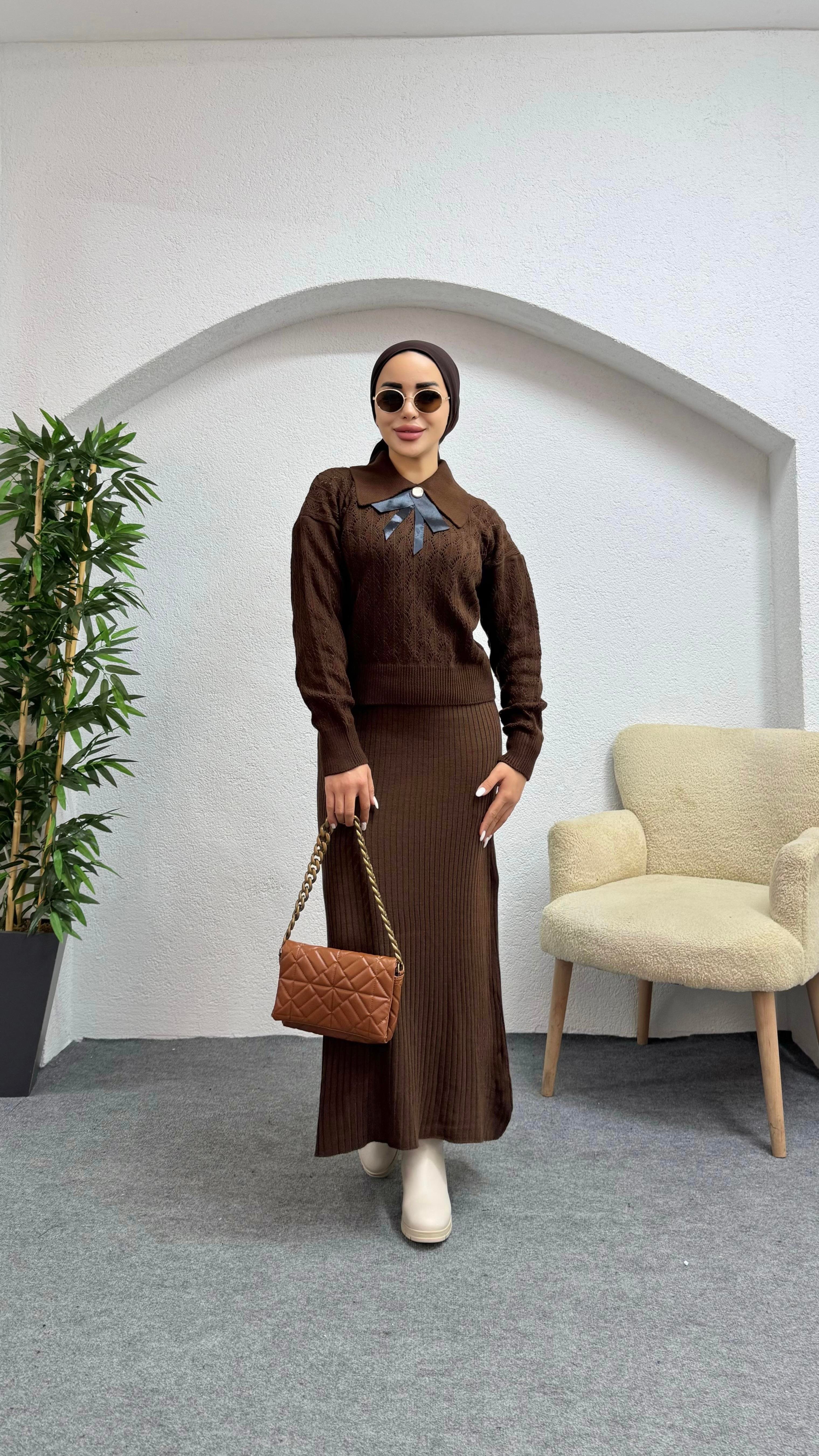 Neva Triko Elbiseli Takım Kahve