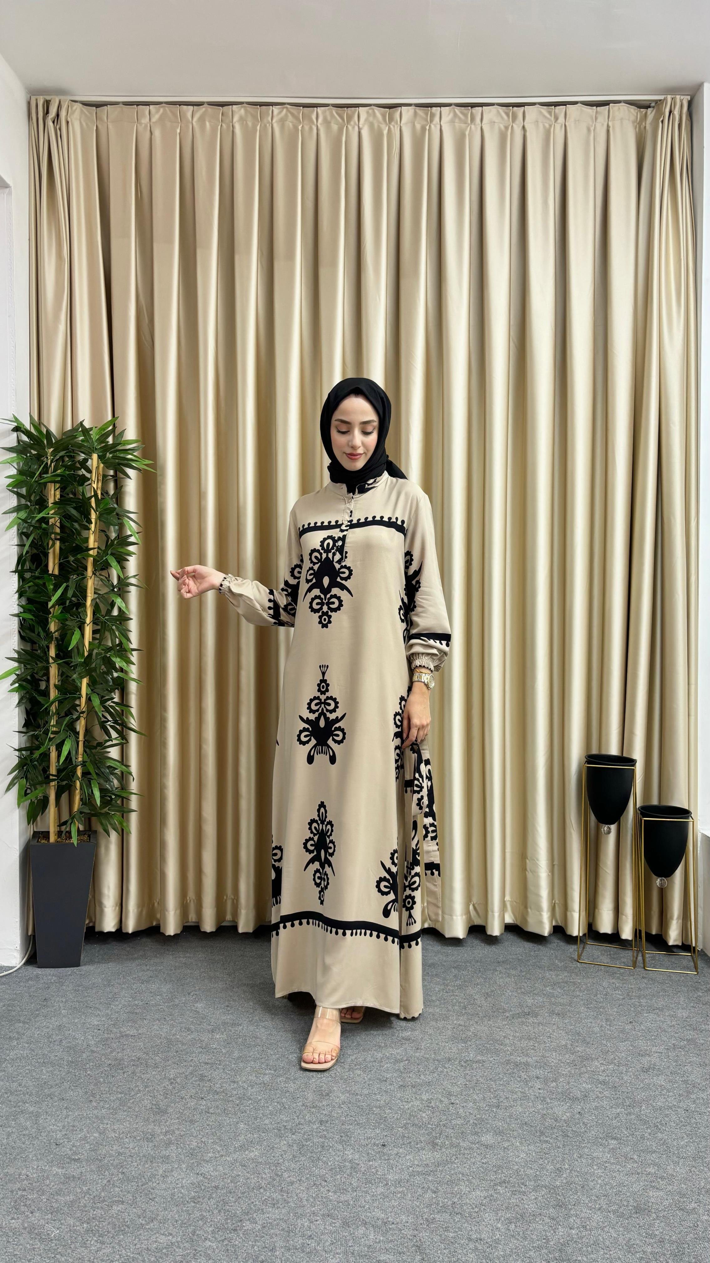 Reyhan Desenli Elbise Krem