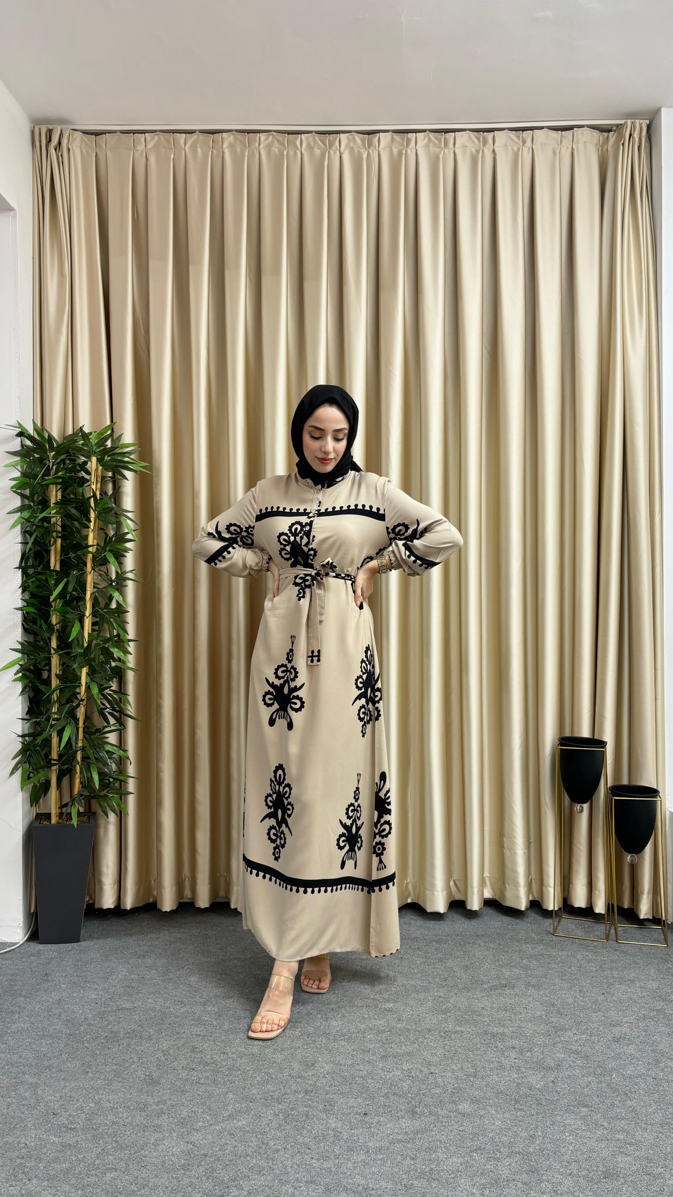 Reyhan Desenli Elbise Krem