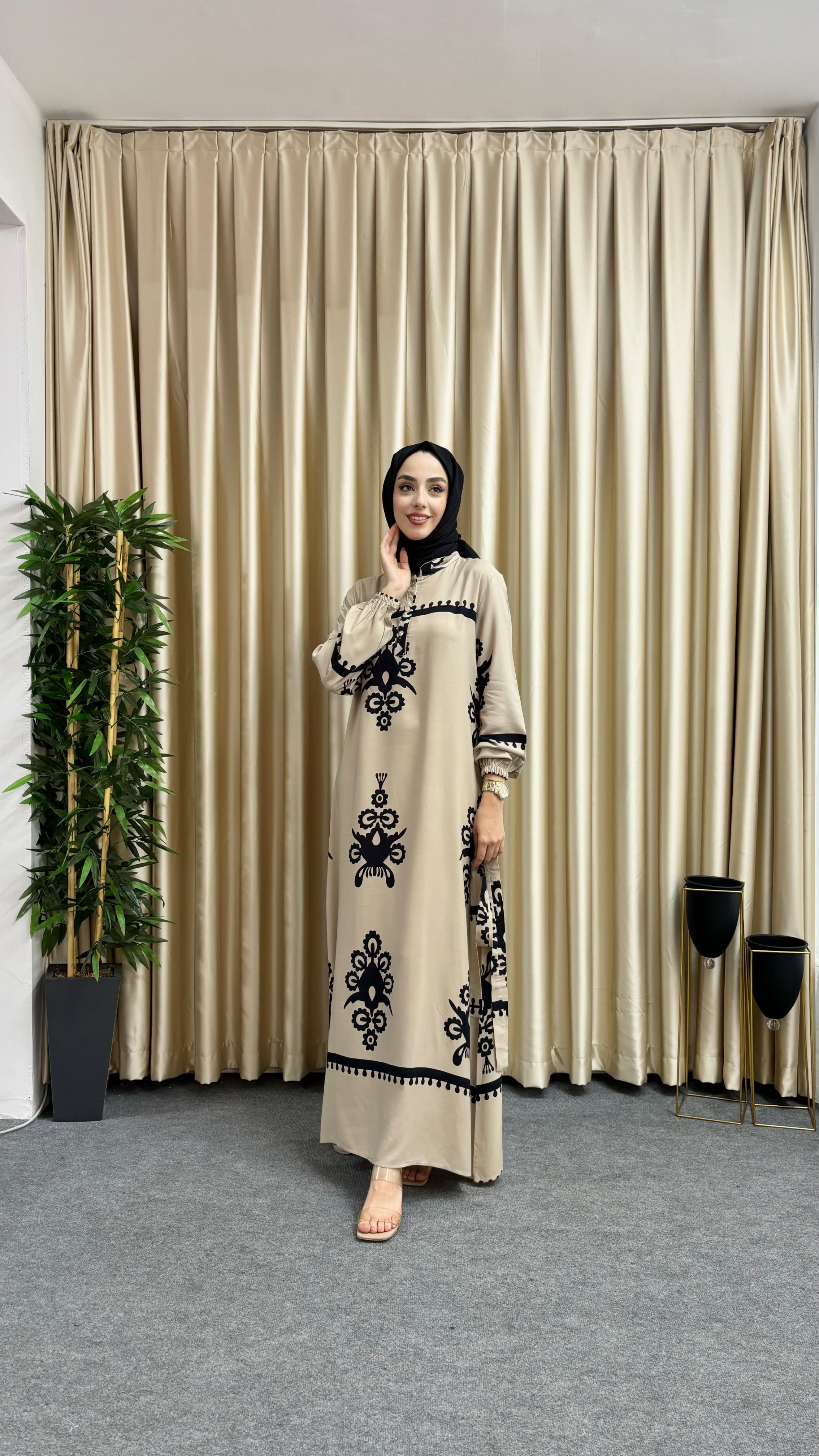 Reyhan Desenli Elbise Krem