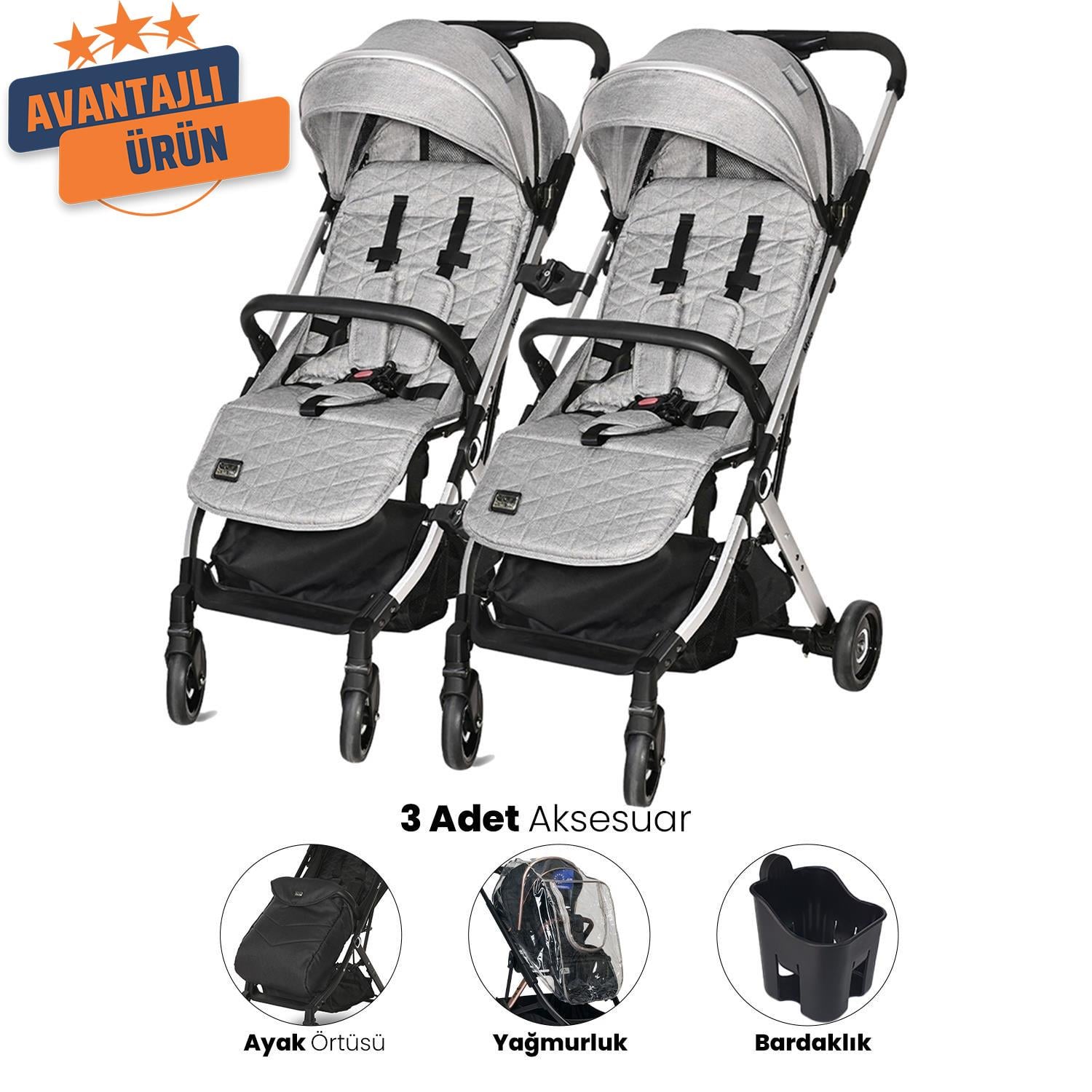 Lorelli Myla Ayrılıp Birleşebilen Kabin İkiz Bebek Arabası - Grey