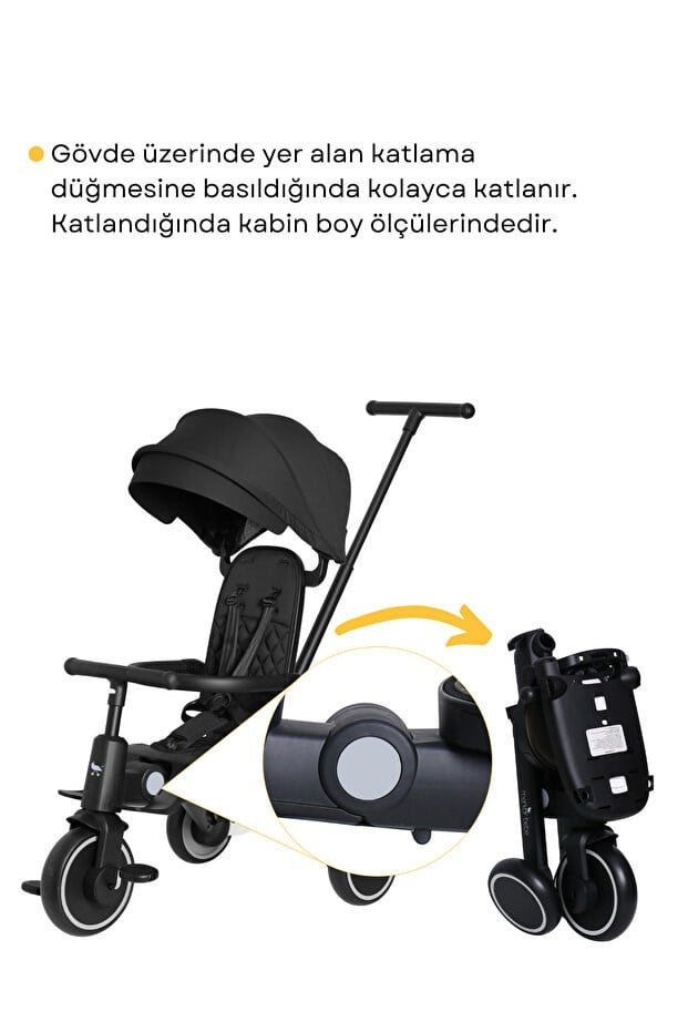 Merkür Bebe 9in1 Hawk Çift Yönlü Katlanabilir Yatabilir Ayak Destekli Üç Tekerlekli Bebek ve Çocuk Bisikleti Siyah