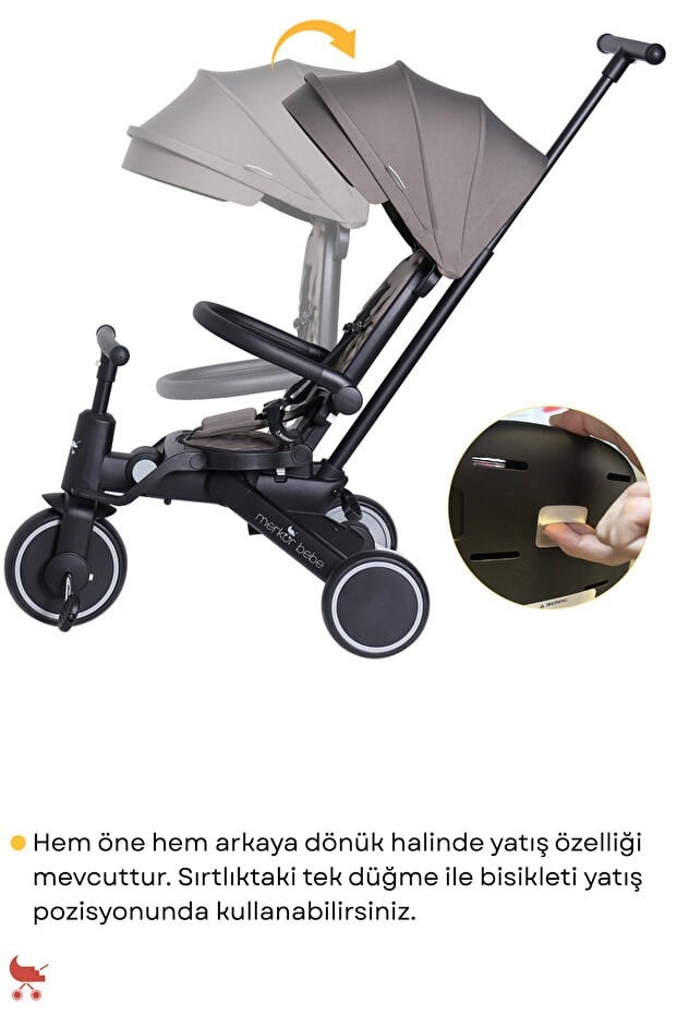 Merkür Bebe 9in1 Hawk Çift Yönlü Katlanabilir Yatabilir Ayak Destekli Üç Tekerlekli Bebek ve Çocuk Bisikleti Gri