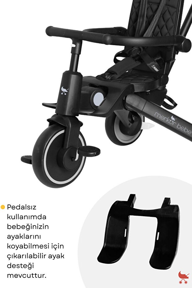 Merkür Bebe 9in1 Hawk Çift Yönlü Katlanabilir Yatabilir Ayak Destekli Üç Tekerlekli Bebek ve Çocuk Bisikleti Siyah
