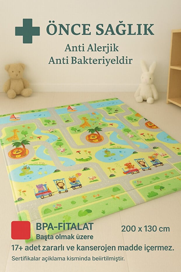 Serin Katlanır Oyun Matı Çift Taraflı 200*130 Yaşil Parkur / Orman Şenliği