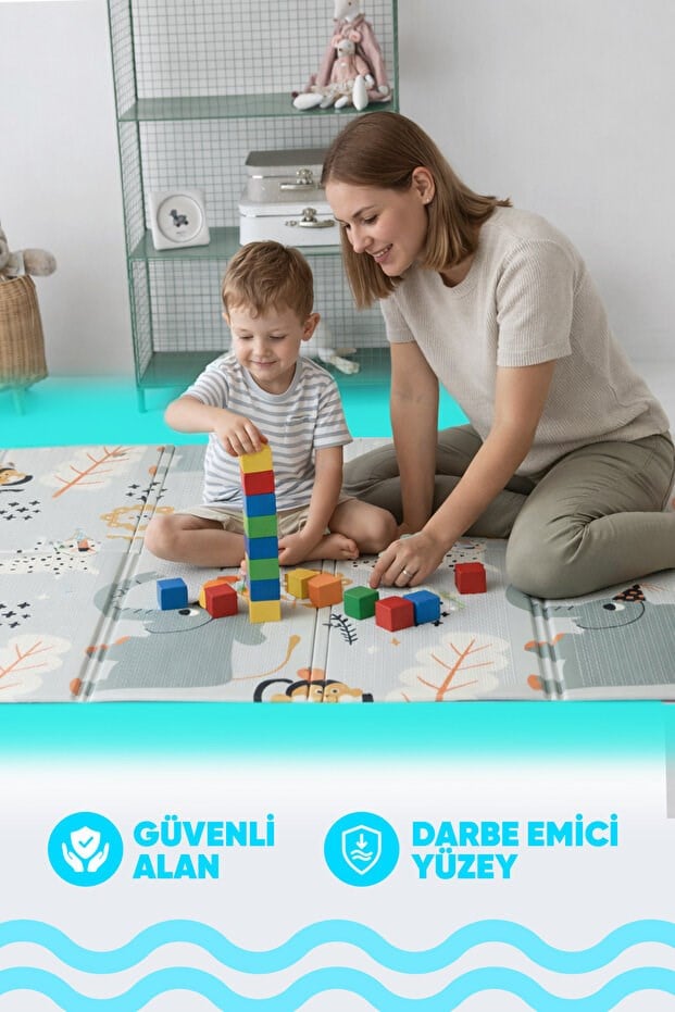 Serin Katlanır Oyun Matı Çift Taraflı 200*130 Yaşil Parkur / Orman Şenliği