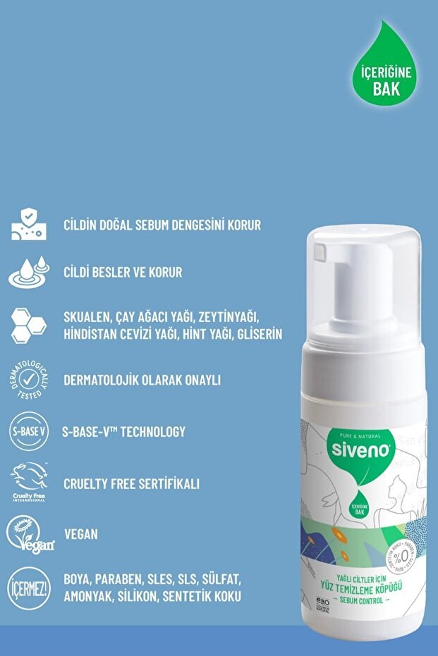 Siveno %100 Doğal Yüz Temizleme Köpüğü Yağlı Ciltler İçin Makyaj Siyah Nokta Sivilce Vegan 100 ml
