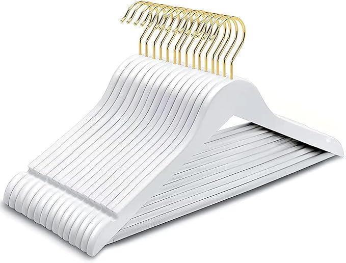 12 Adet Ahşap Askı Beyaz Kıyafet Askısı Pantolon ve Elbise Askısı 43 cm