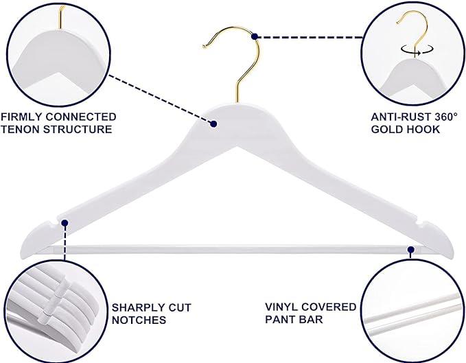 12 Adet Ahşap Askı Beyaz Kıyafet Askısı Pantolon ve Elbise Askısı 43 cm