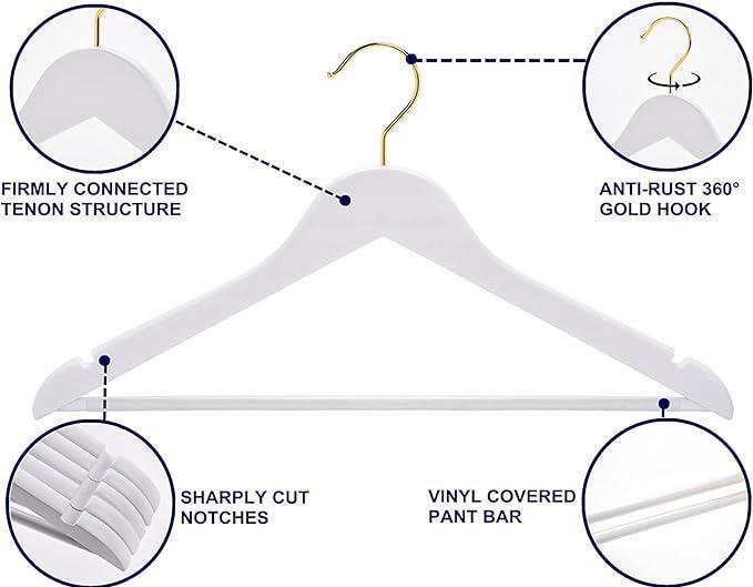 12 Adet Ahşap Askı Beyaz Kıyafet Askısı Pantolon ve Elbise Askısı 43 cm