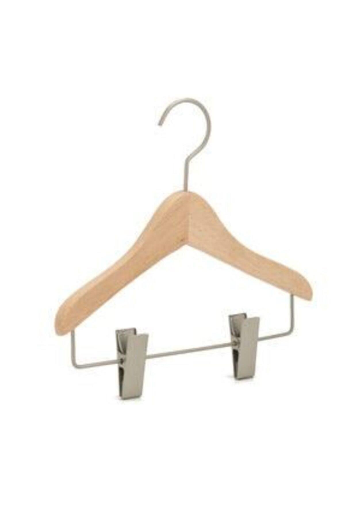 12 Adet Ahşap Bebek Elbise Askısı Vernikli Bebek Takım Elbise Askısı Metal Mandallı 32 Cm