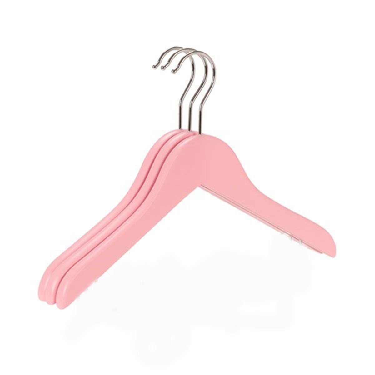 12 Adet Ahşap Bebek Elbise Askısı Vernikli Ahşap Çocuk Askısı Pembe Boyalı 32 cm