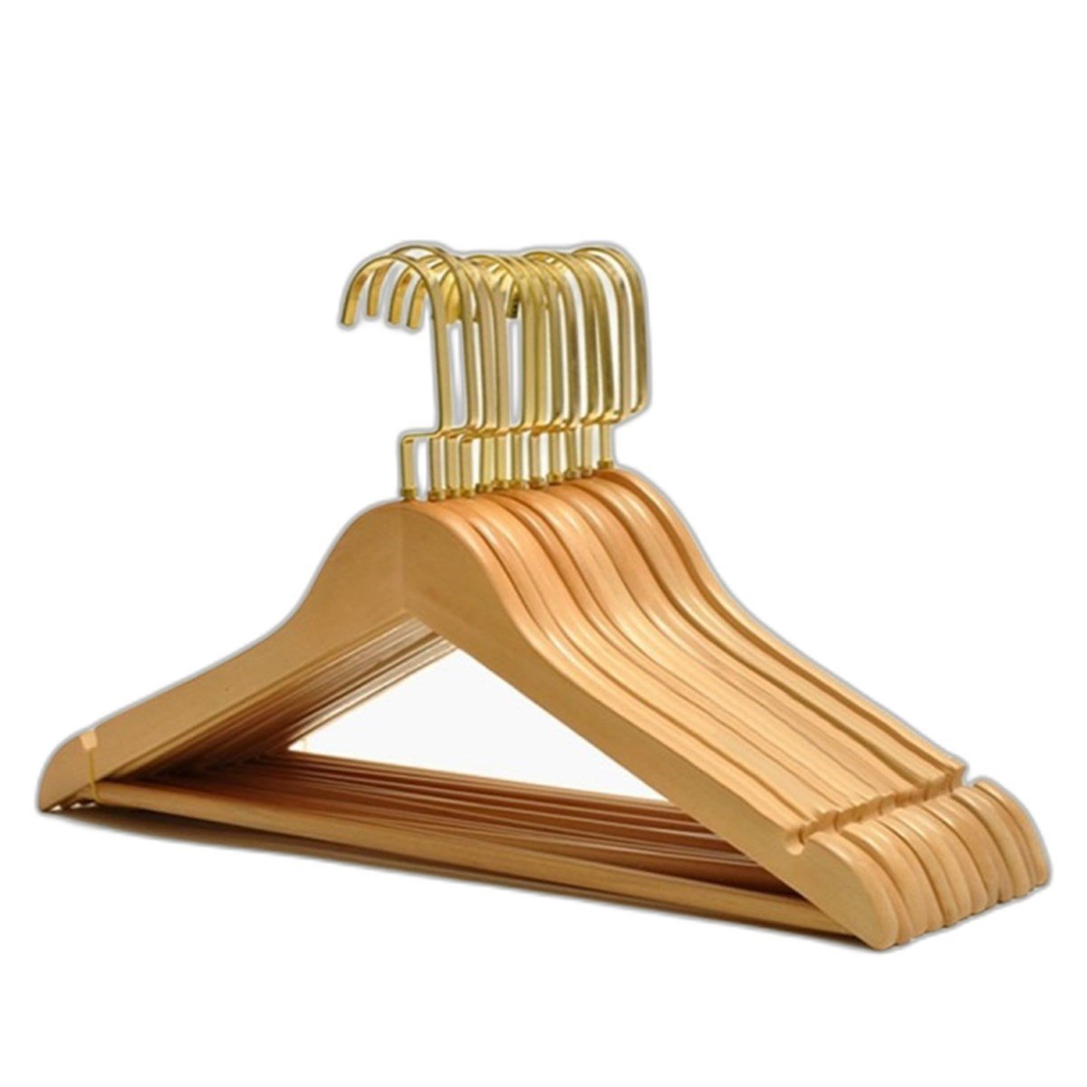 12 Adet Ahşap Elbise Askısı Kıyafet Askısı Ahşap Pantolon Askısı Vernikli Amerikan Gold Kanca 43 cm