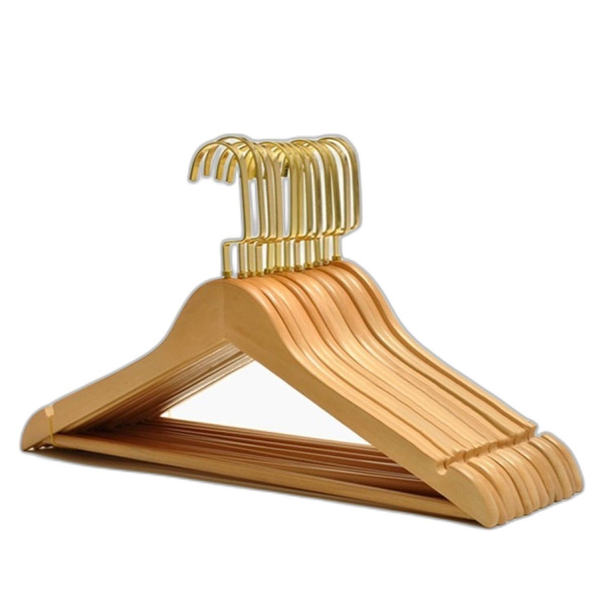 12 Adet Ahşap Elbise Askısı Kıyafet Askısı Ahşap Pantolon Askısı Vernikli Amerikan Gold Kanca 43 cm