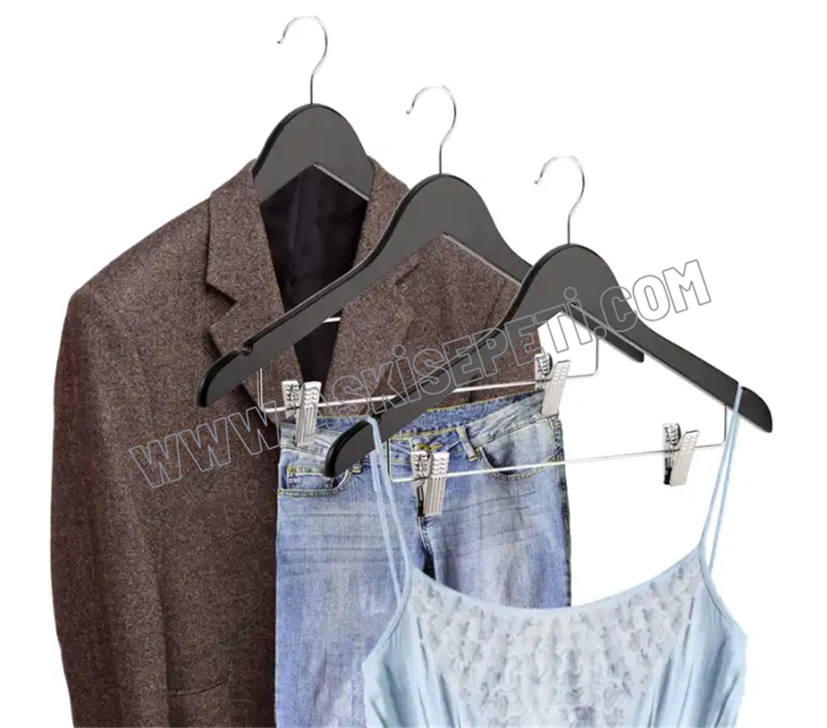 12 Adet Ahşap Elbise Askısı Siyah Takım Elbise Askısı Kıyafet Askısı Nikel Kare Mandallı 43 Cm