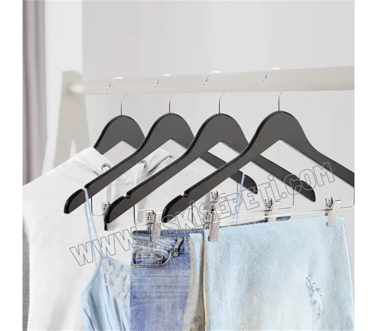 12 Adet Ahşap Elbise Askısı Siyah Takım Elbise Askısı Kıyafet Askısı Nikel Kare Mandallı 43 Cm