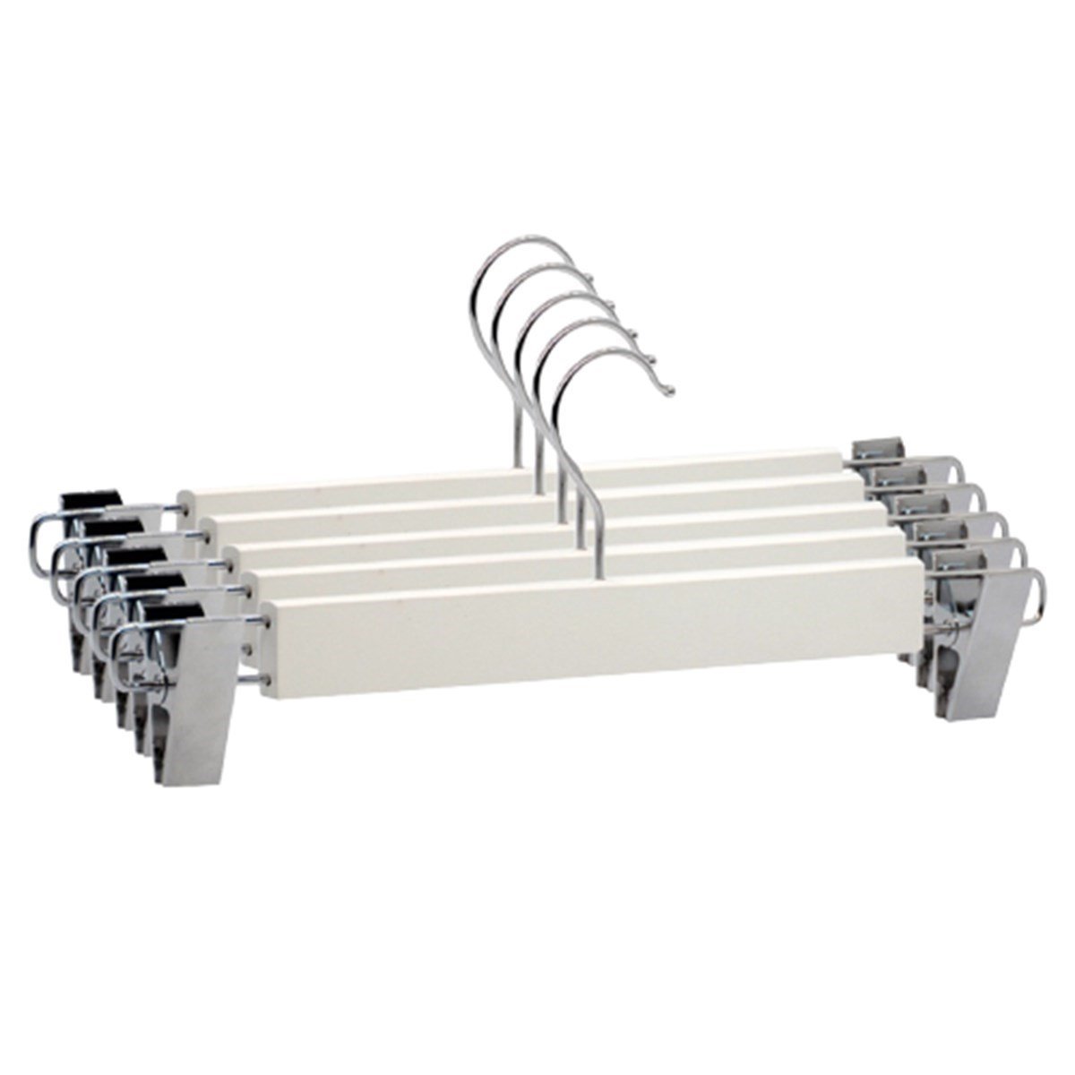 12 Adet Beyaz Ahşap Pantolon Askısı Klipsli Ahşap Etek Askısı Mandallı Elbise Askısı Vernikli 36 cm