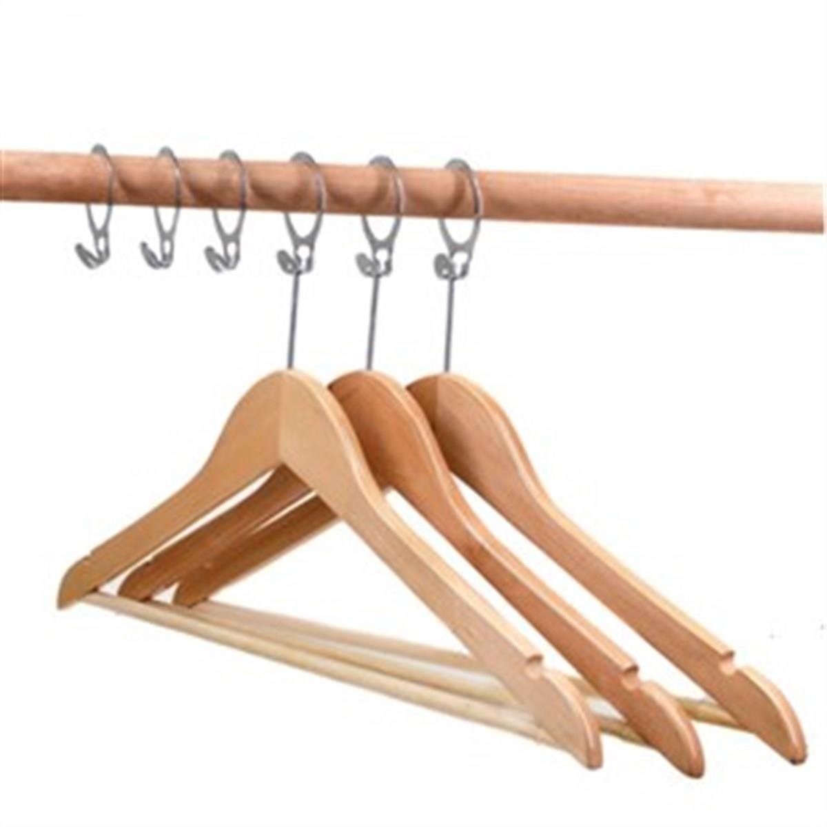 12 Adet Otel Tipi Elbise Askısı Ahşap Otel Elbise Askısı Vernikli Metal Halkalı 43 cm