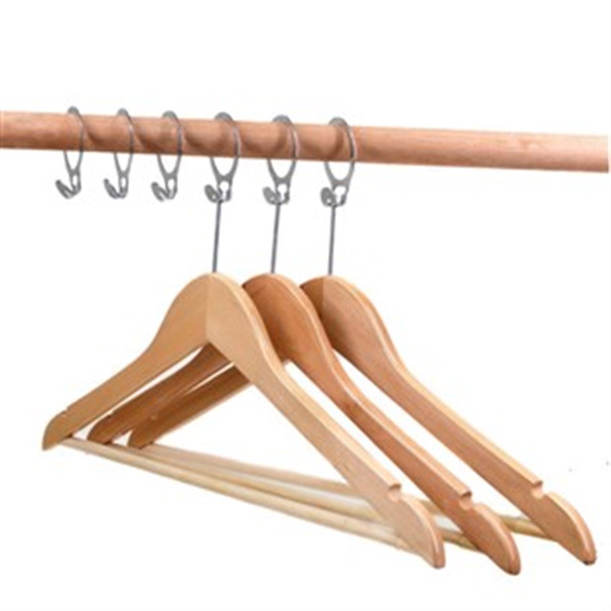 12 Adet Otel Tipi Elbise Askısı Ahşap Otel Elbise Askısı Vernikli Metal Halkalı 43 cm