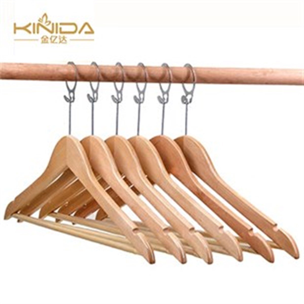 12 Adet Otel Tipi Elbise Askısı Ahşap Otel Elbise Askısı Vernikli Metal Halkalı 43 cm