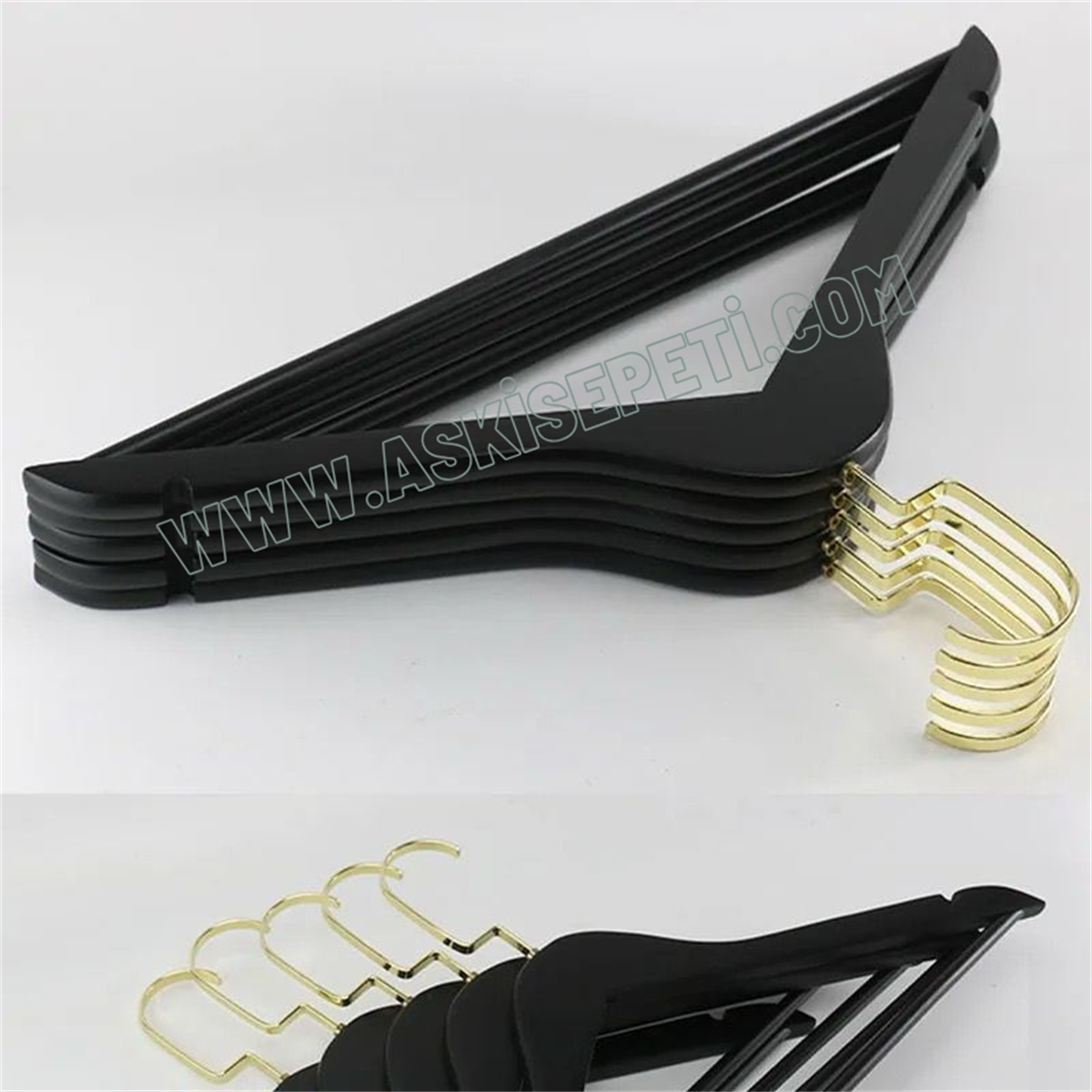 12 Adet Siyah Ahşap Elbise Askısı Amerikan Kanca Ahşap Kıyafet Askısı Siyah Boyalı Ahşap Gelinlik Askısı Gold Amerikan Kanca 43 cm