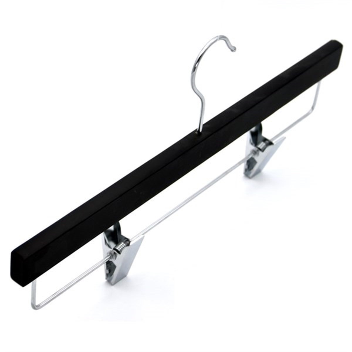 12 Adet Siyah Ahşap Pantolon Askısı Klipsli Etek Askısı Metal Mandallı 36 cm