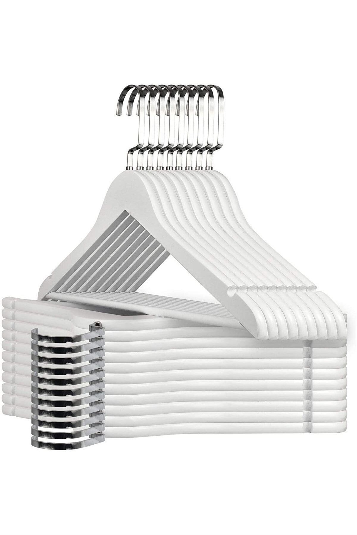 24 Adet Ahşap Gelinlik Askısı Beyaz Abiye Askısı Metalik Kanca 43 cm