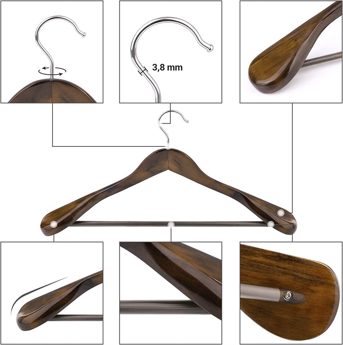 25 Adet Ahşap Ceket Askısı Kalın Omuz Formlu Takım Elbise Askısı Kaban Palto Askısı Koyu Ceviz 44 cm