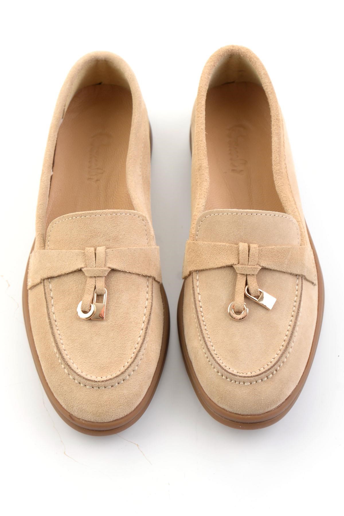 Bej Hakiki Deri Kadın Loafer Ayakkabı K01045035802