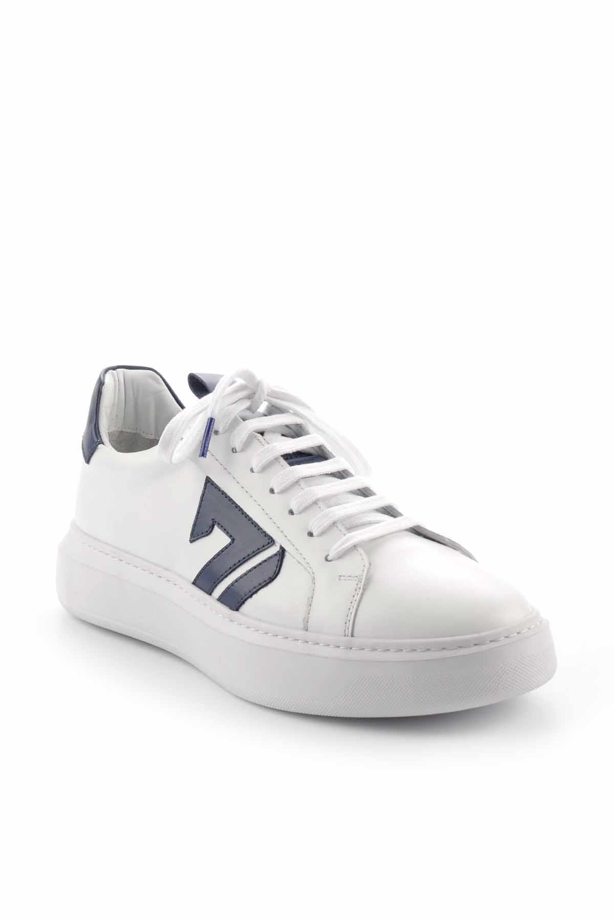 Beyaz Lacivert Hakiki Deri Erkek Sneaker E01901521303