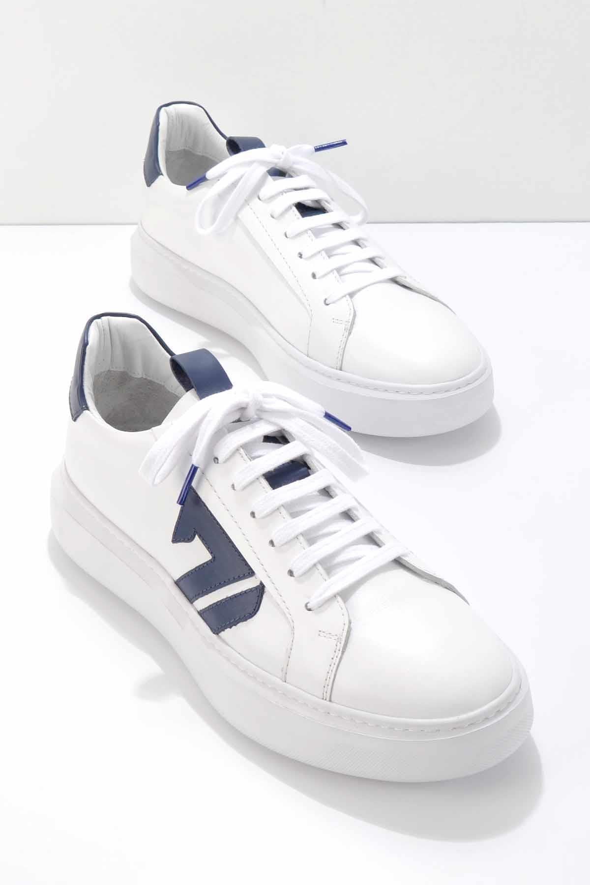 Beyaz Lacivert Hakiki Deri Erkek Sneaker E01901521303