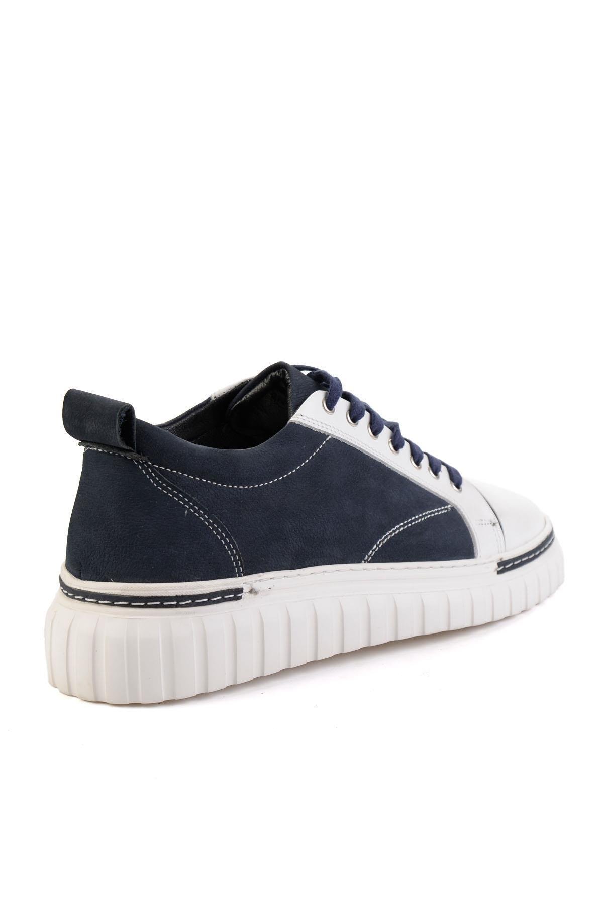 Beyaz Lacivert Hakiki Deri Erkek Sneaker E01401087103