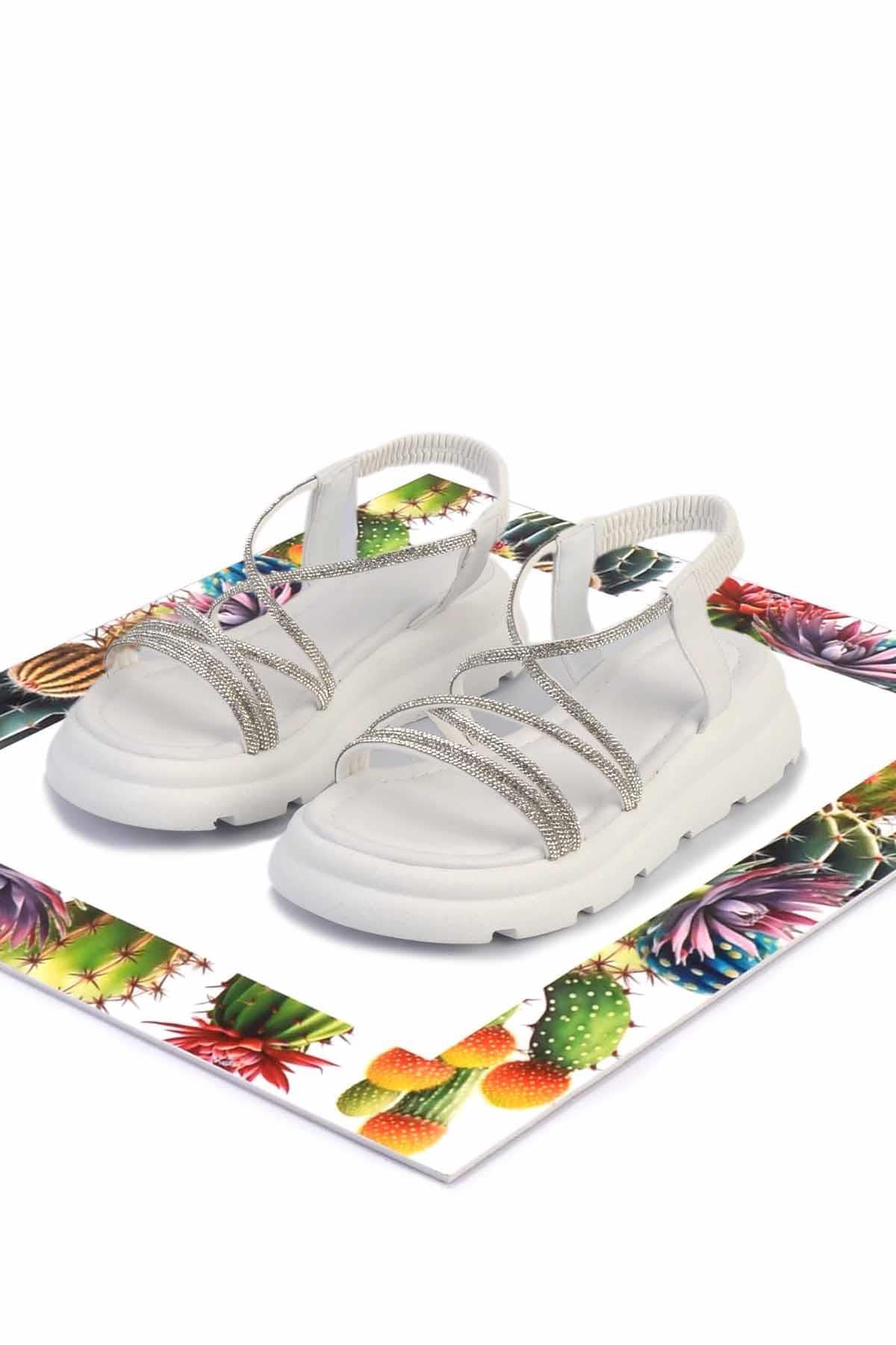 Beyaz Lame Taşlı  Kadın Sandalet K05002030087
